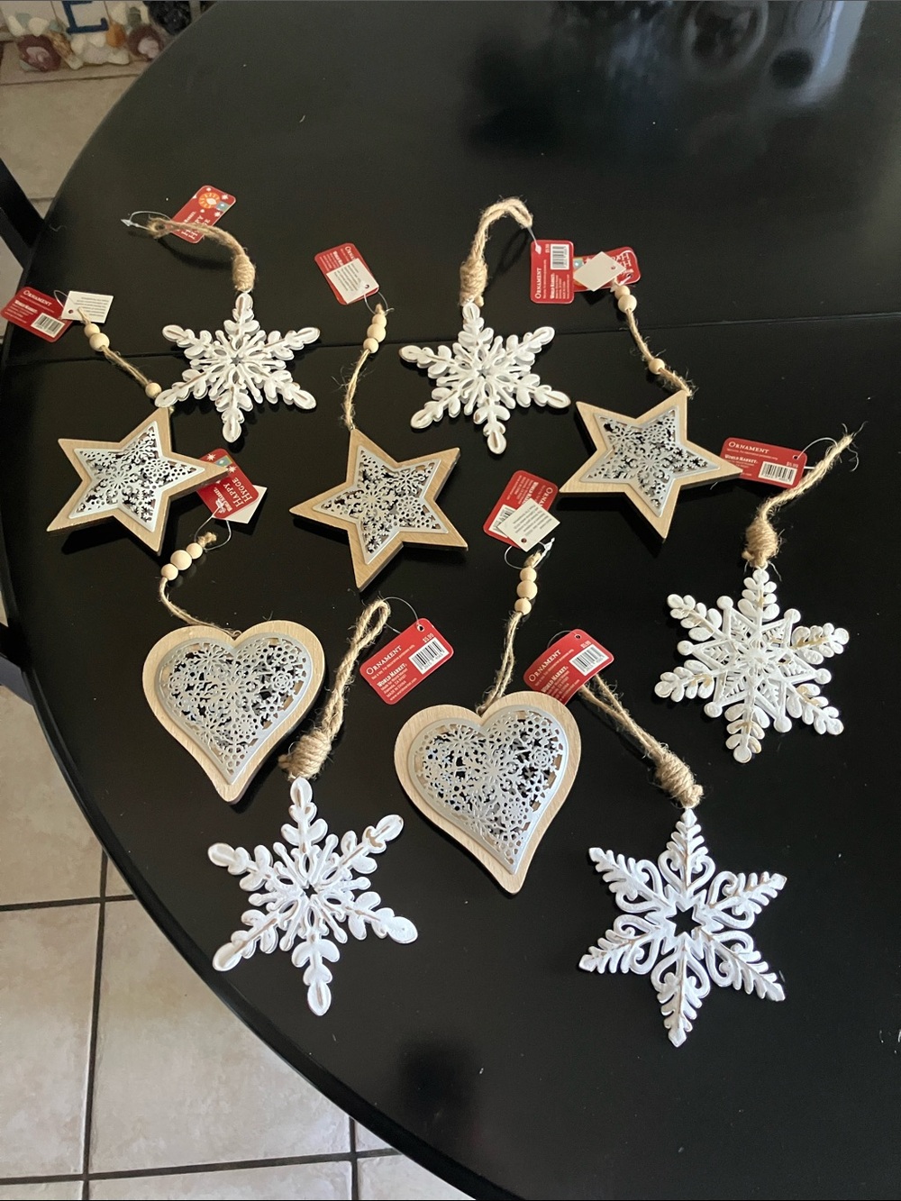 Rustic White & Natural Holiday Ornaments - Set of Snowflakes, Stars & Hearts